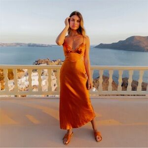 Hello Molly “Waiting For You” Satin Maxi Dress – Bronze/Orange | Size 4 / Small